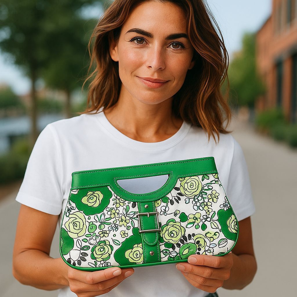 New York & Company Green and White Floral Clutch 11" Wide 7" high new No Tag